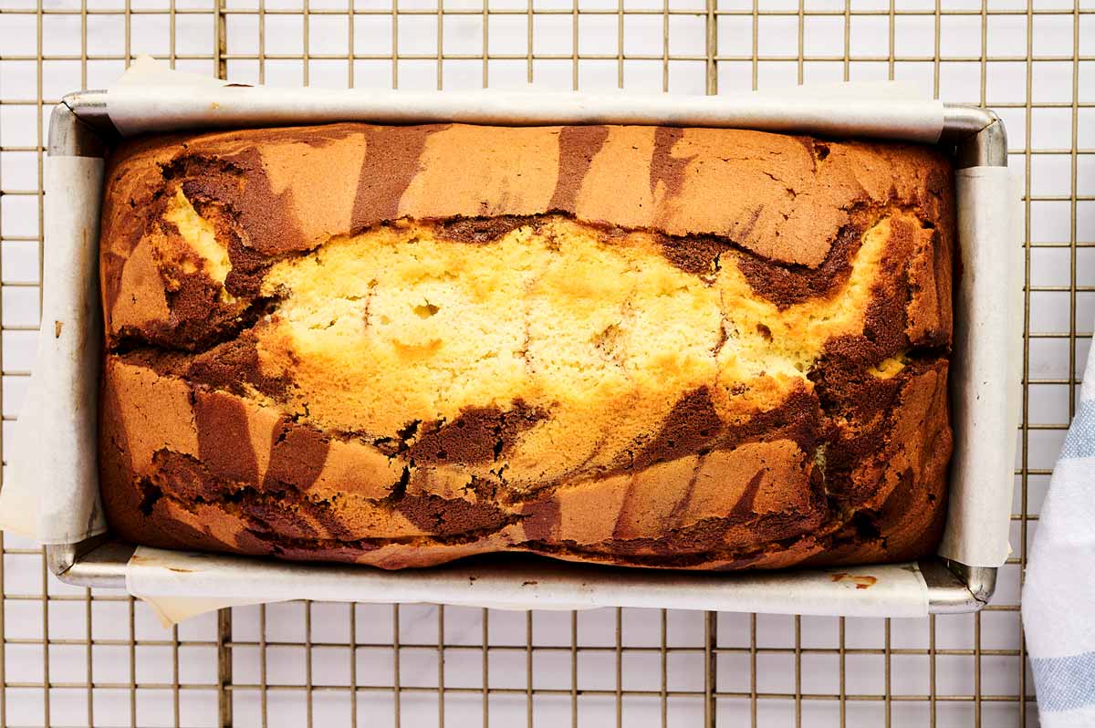Baked marble loaf cake.