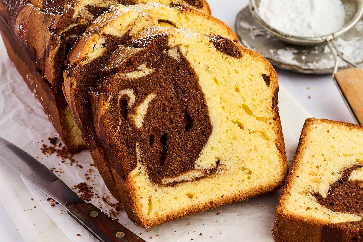 Sliced marble loaf cake.