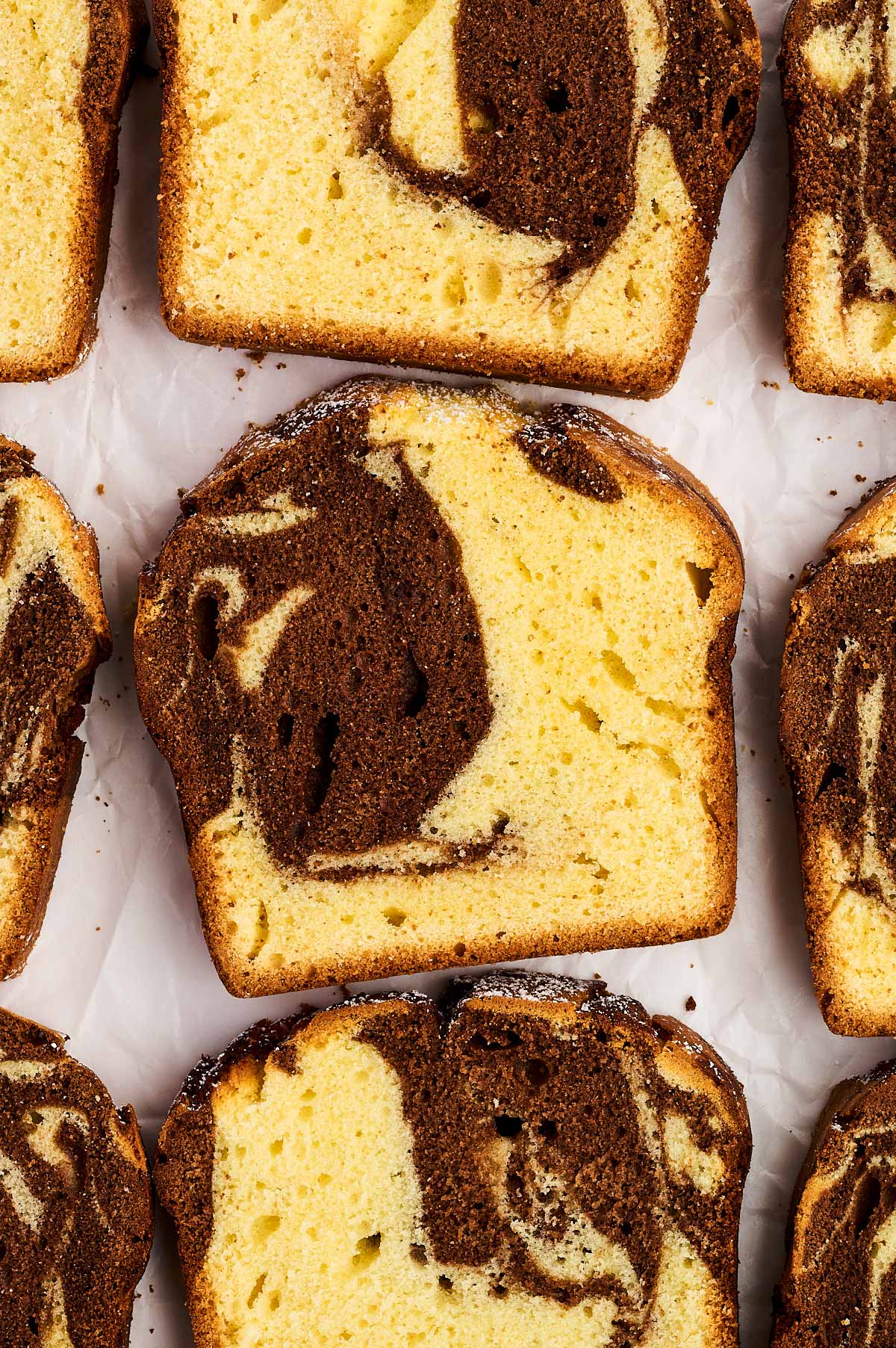 Slices of marble loaf cake.