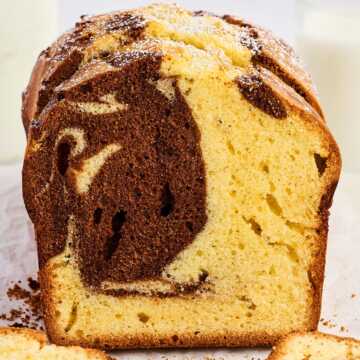 Marble loaf cake frontal sliced view.