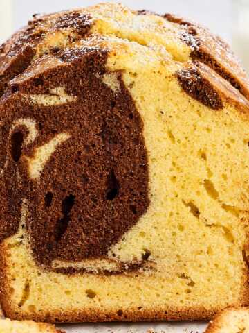 Marble loaf cake frontal sliced view.