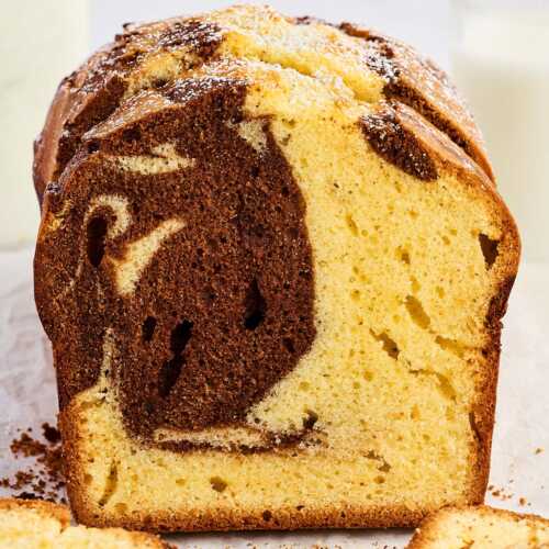 Marble loaf cake frontal sliced view.