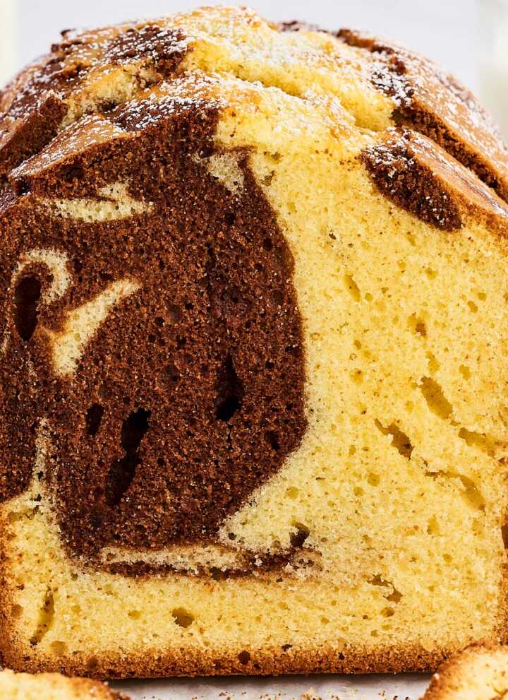 Marble loaf cake frontal sliced view.