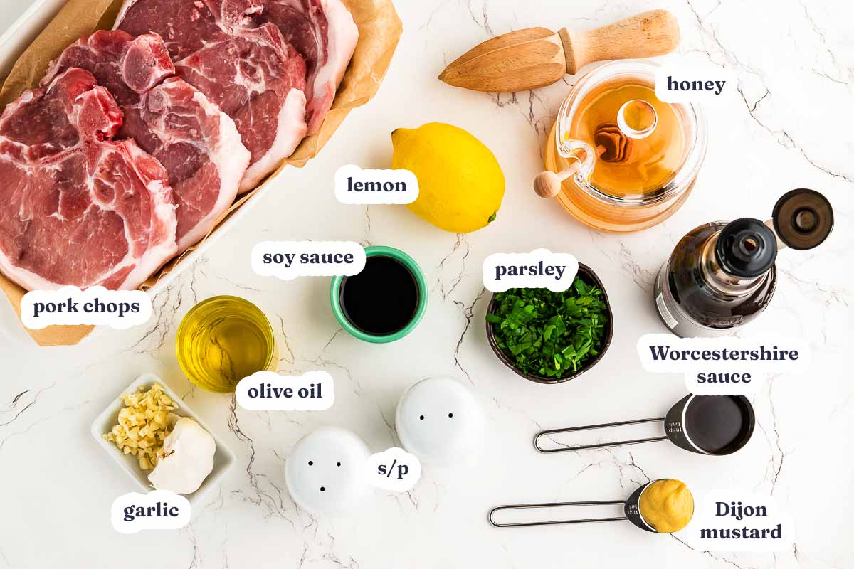 Ingredients for pork chop marinade with text labels.