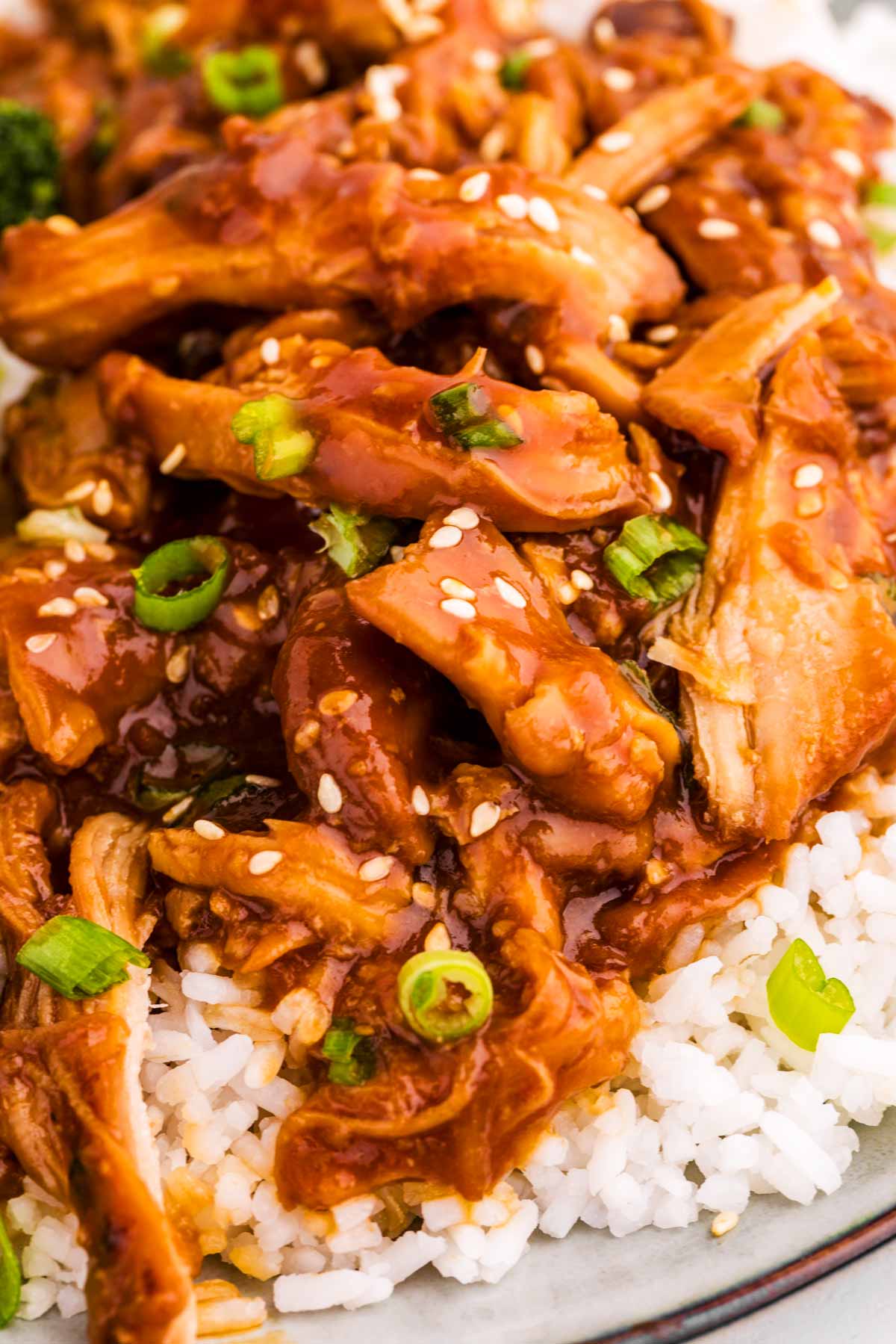 Close up of honey garlic chicken on a bed of rice.