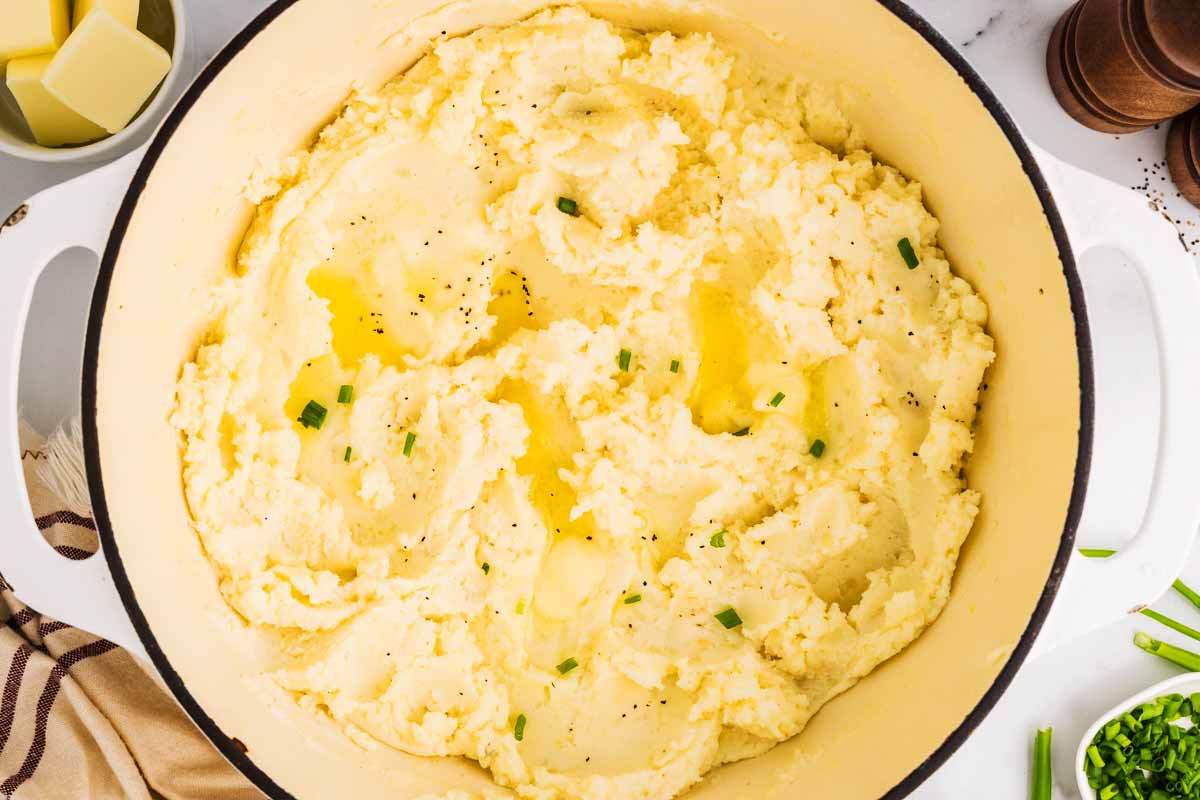 Sour cream mashed potatoes in pot.