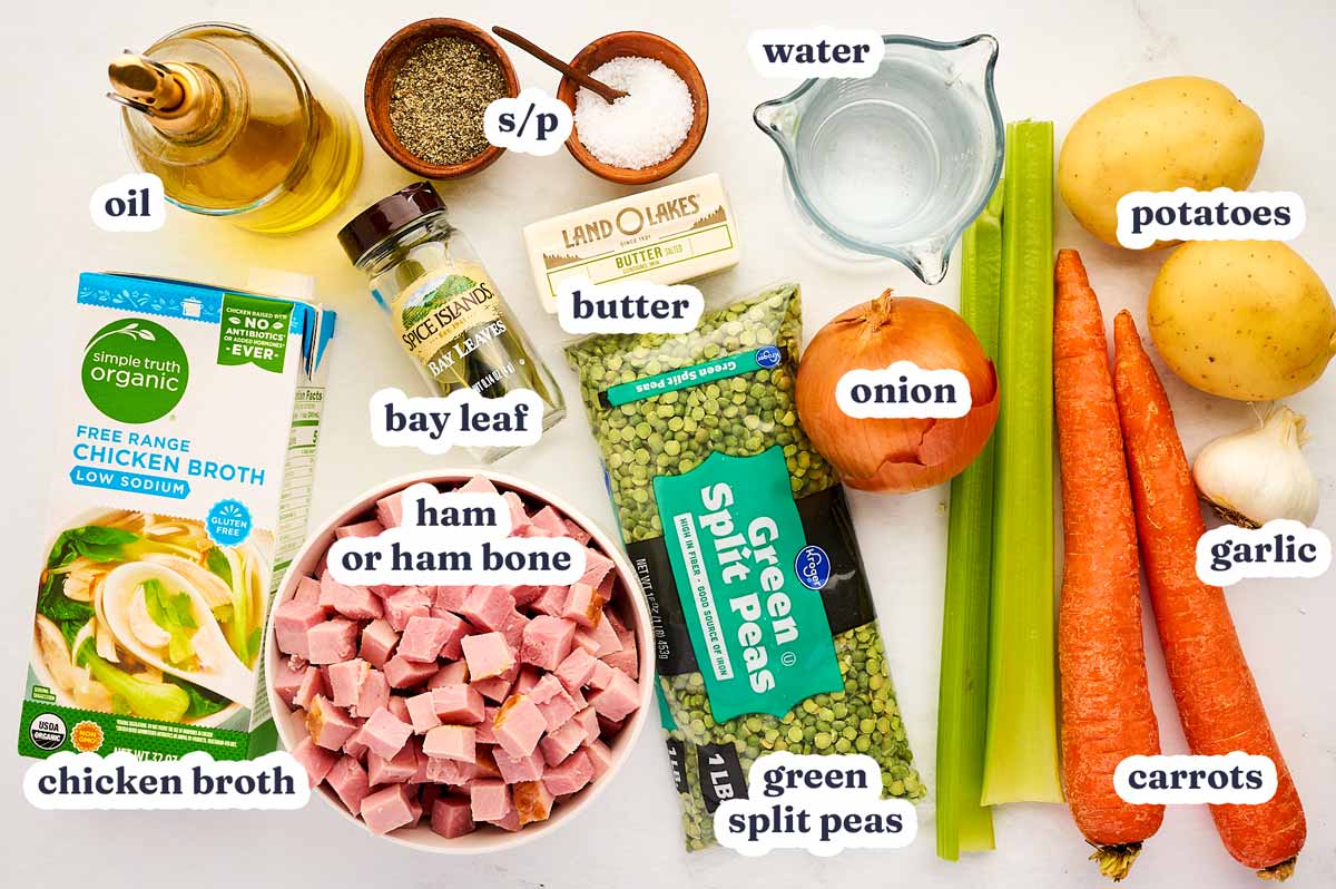 Ingredients for split pea and ham soup with text labels.