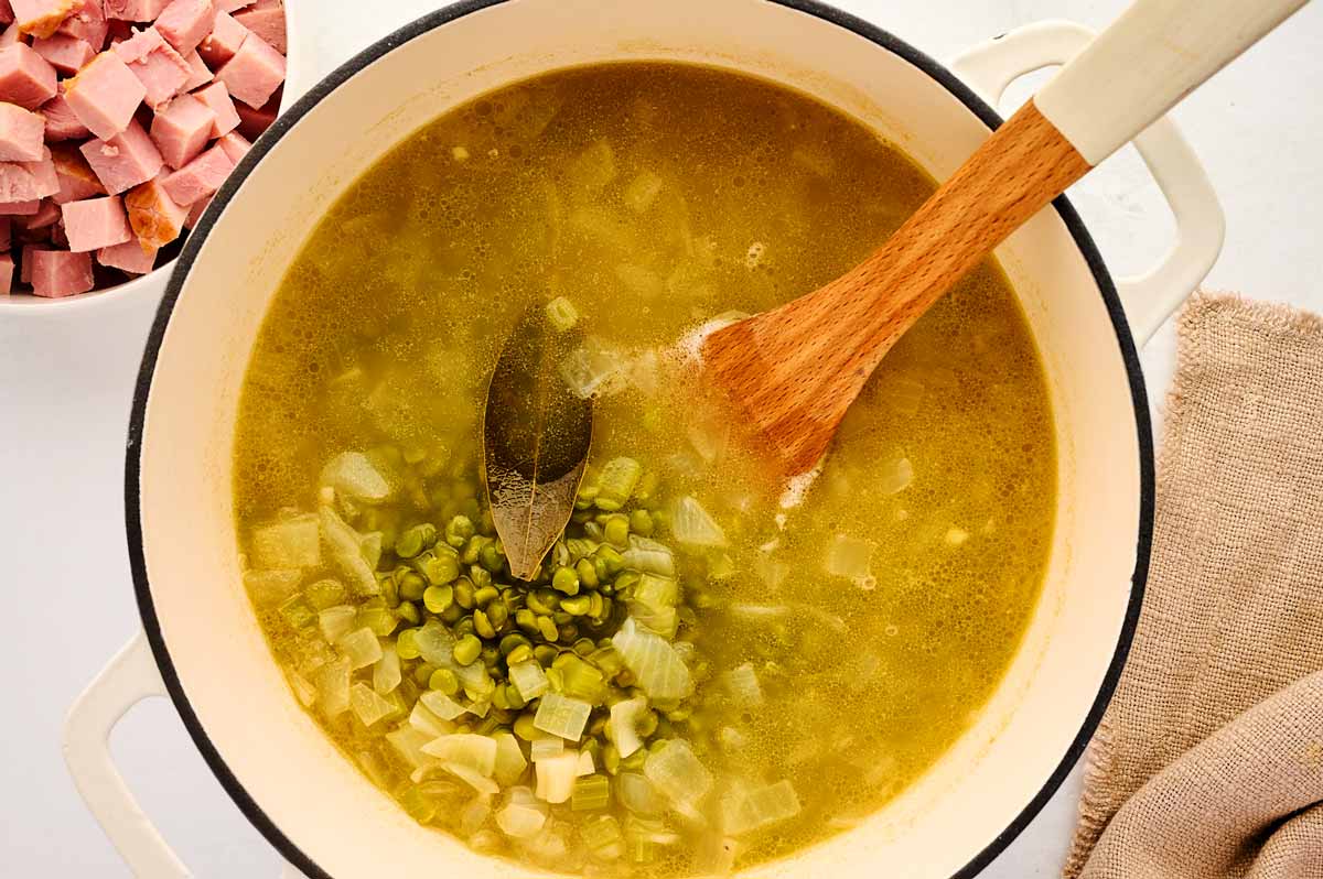 Assembling split pea soup.