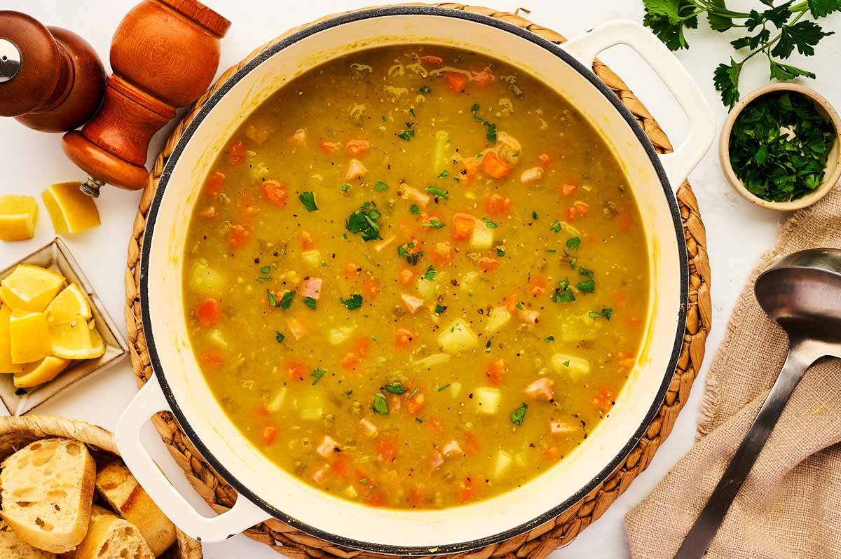 Simmered split pea and ham soup.