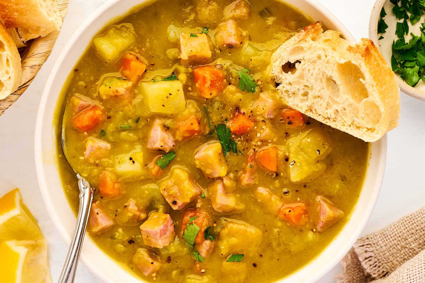 Bowl with split pea and ham soup.