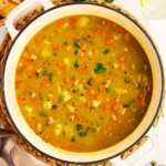 Pot with split pea and ham soup.