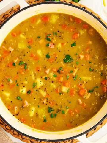 Pot with split pea and ham soup.