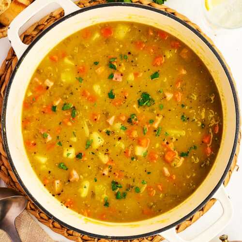 Pot with split pea and ham soup.