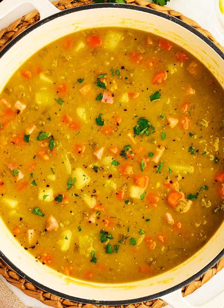 Pot with split pea and ham soup.