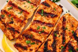Close up of grilled salmon fillets.