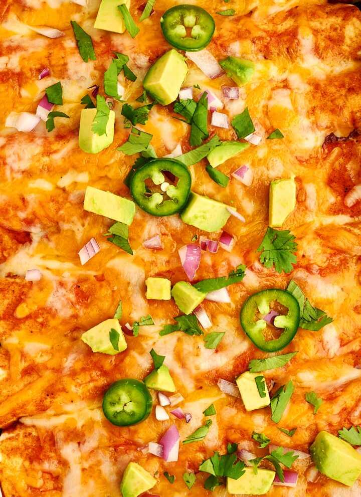 Ground Beef Enchiladas in a white casserole dish with avocado and jalapeño.