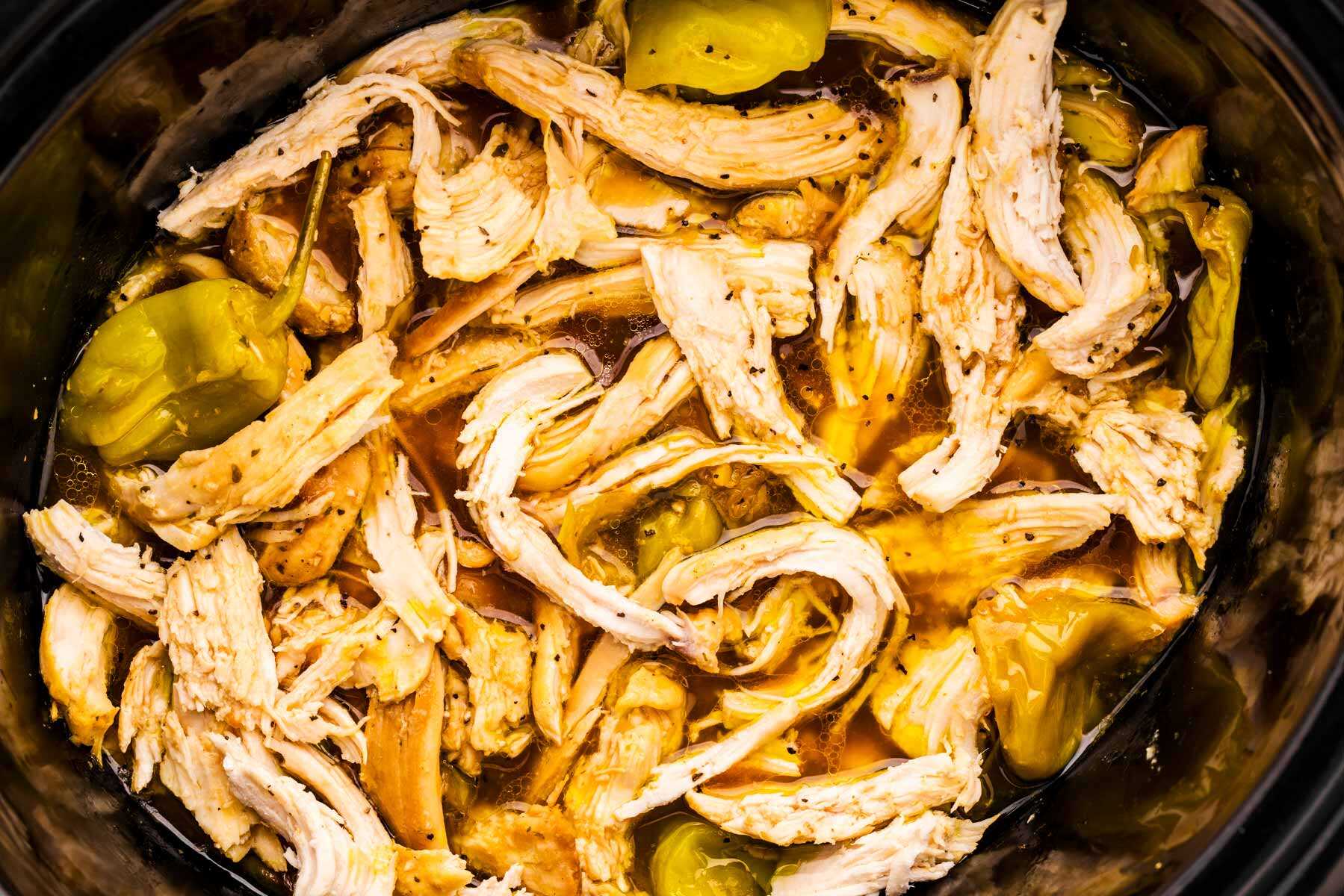 Close up of Mississippi Chicken in slow cooker.