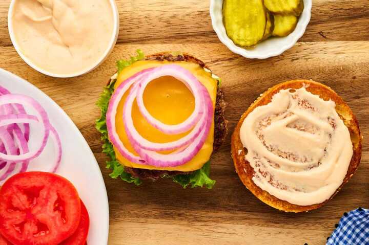 Stacking burgers.