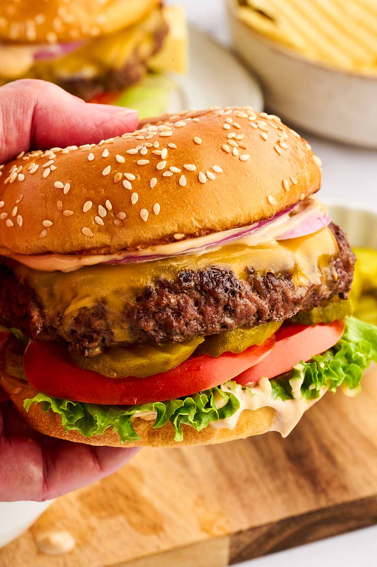 Hand holding a burger.
