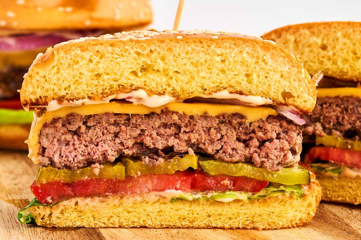 Burger cut in half.