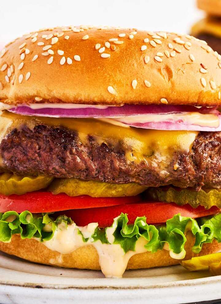 Burger on a white plate.
