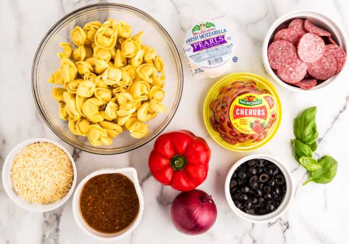Ingredients for Tortellini Pasta Salad on a white marble surface.
