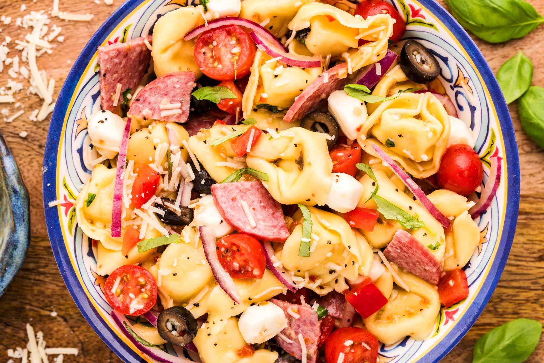 Bowl of Tortellini Pasta Salad.