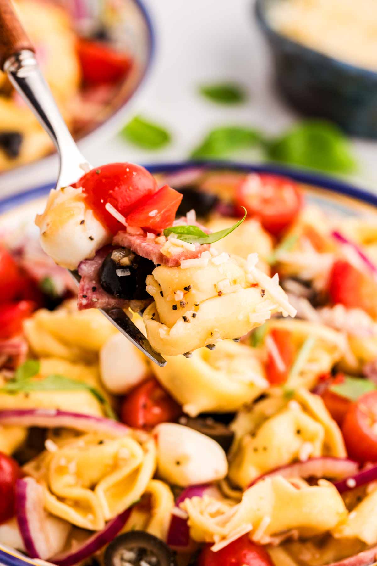 Fork spearing up Tortellini Pasta Salad.