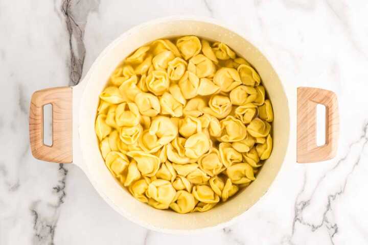 Cooked tortellini in pot.