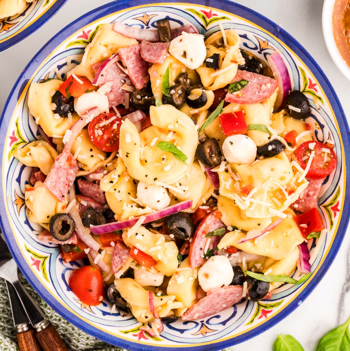 Bowl of Tortellini Pasta Salad.