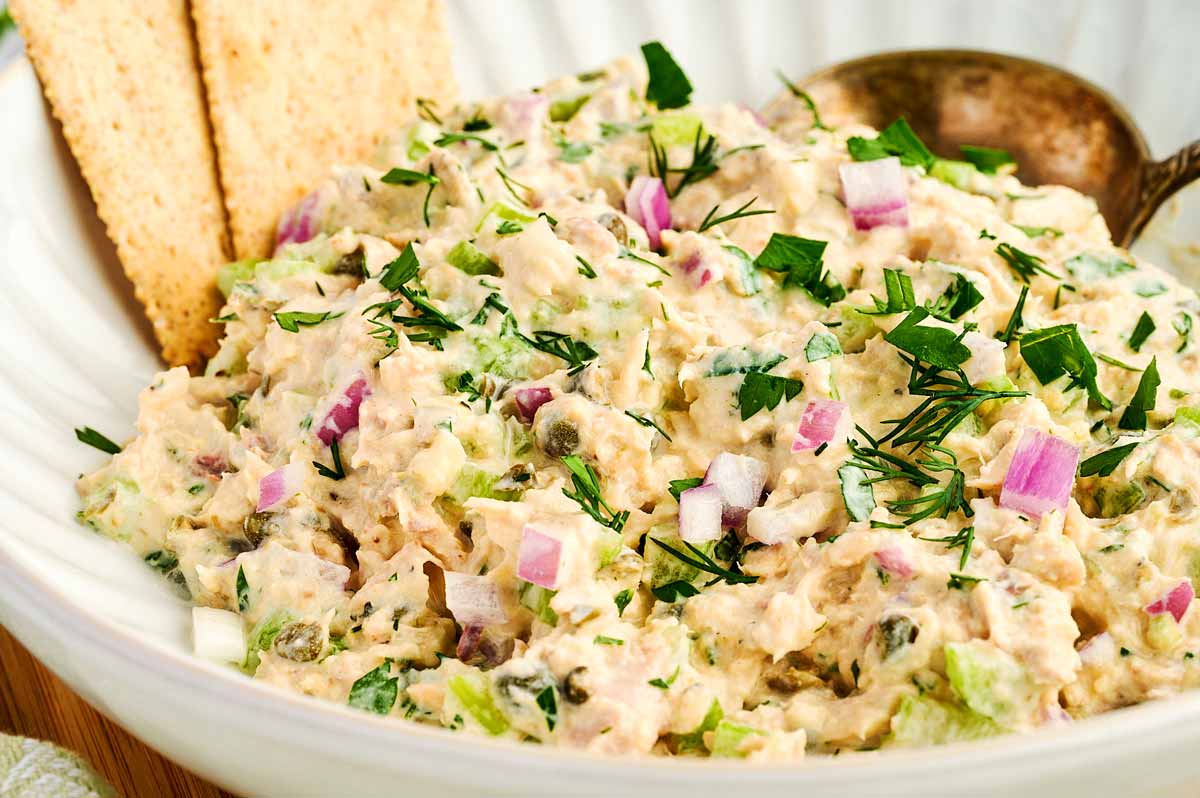 Close up of tuna salad in a bowl.