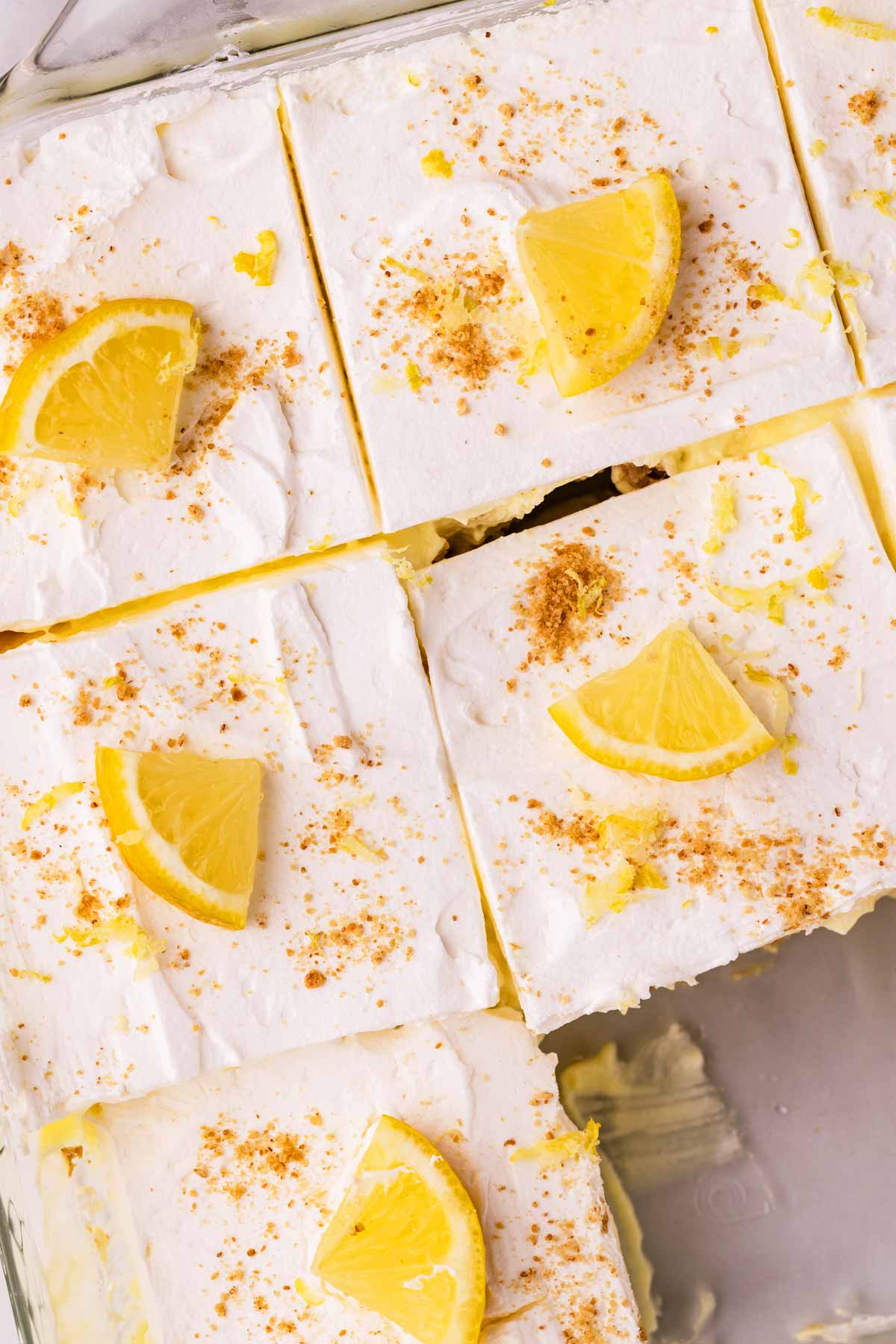 Overhead view of sliced lemon icebox cake.