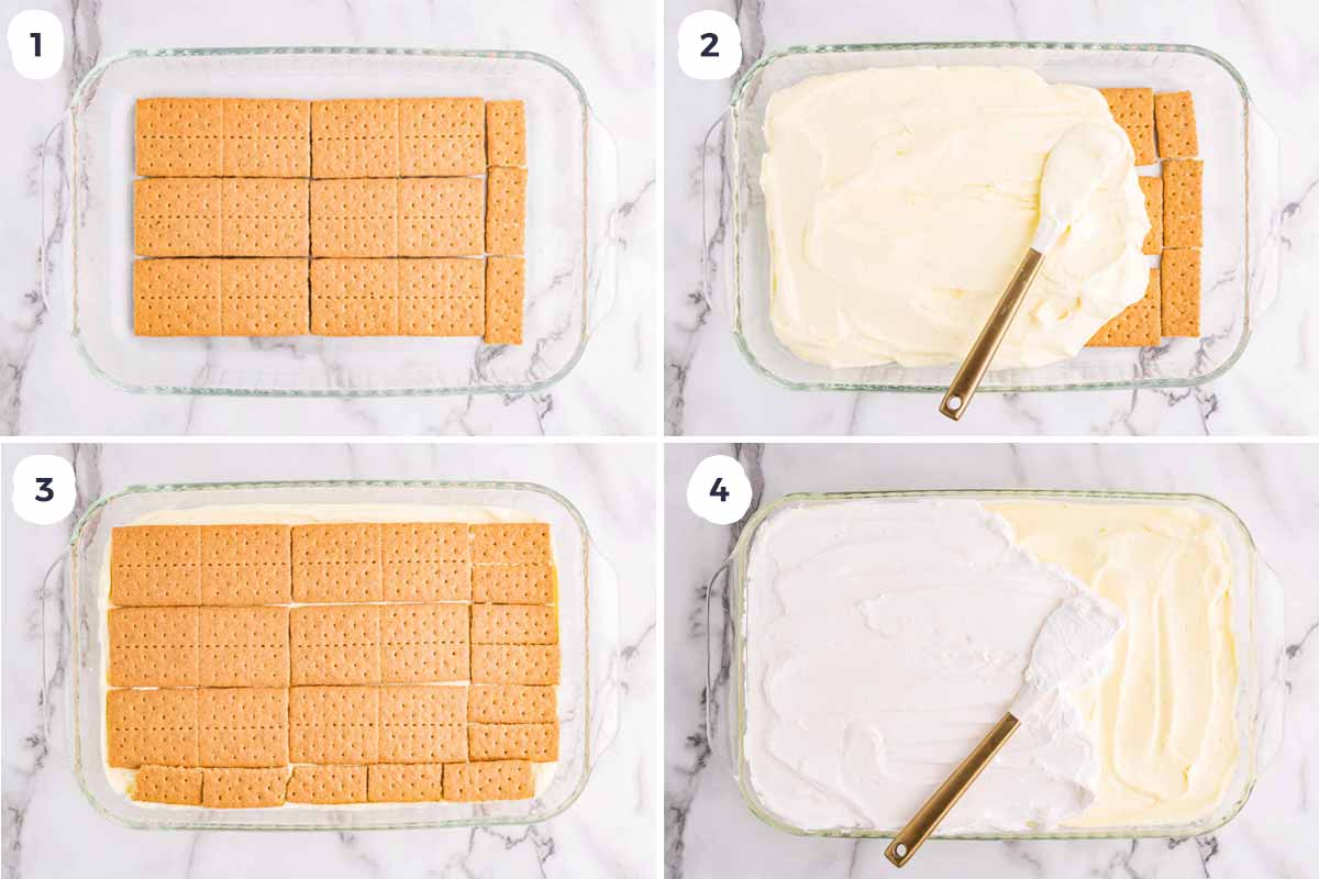 Collage that shows the 4 layering steps of making a Lemon Icebox Cake.