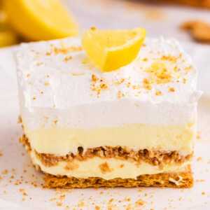 Frontal view of a slice of Lemon Icebox Cake.