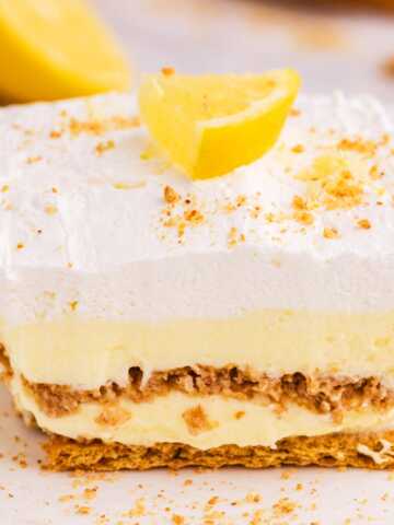 Frontal view of a slice of Lemon Icebox Cake.
