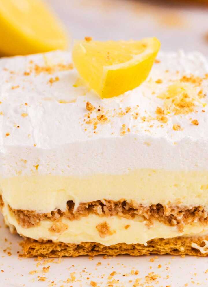 Frontal view of a slice of Lemon Icebox Cake.