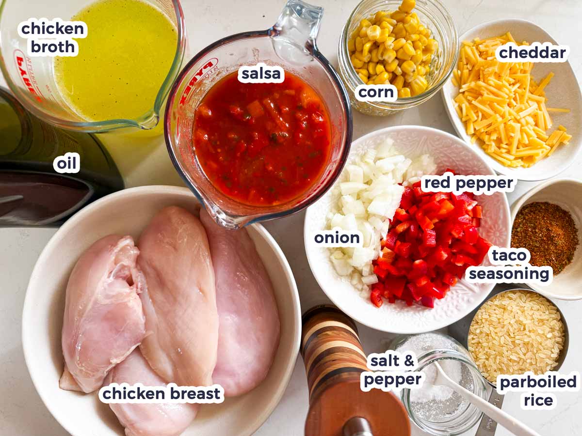 Ingredients for One Pan Salsa Chicken and Rice with text labels.