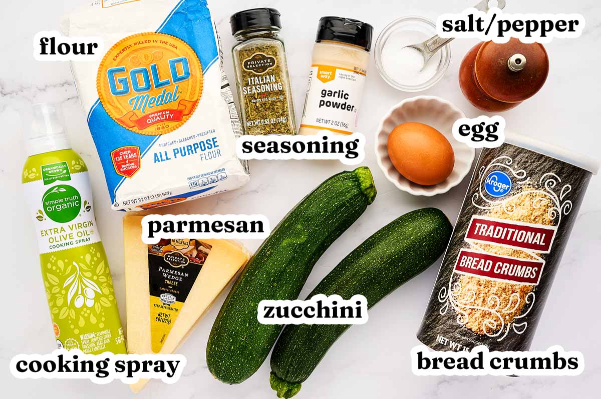Ingredients to make zucchini fries with text labels.