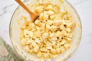 Mixed potato salad in a glass bowl.