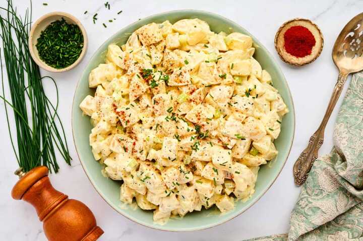 Bowl with creamy potato salad.