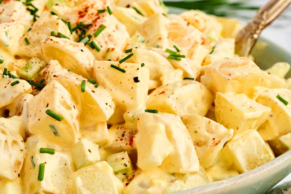 Close up view of creamy potato salad.