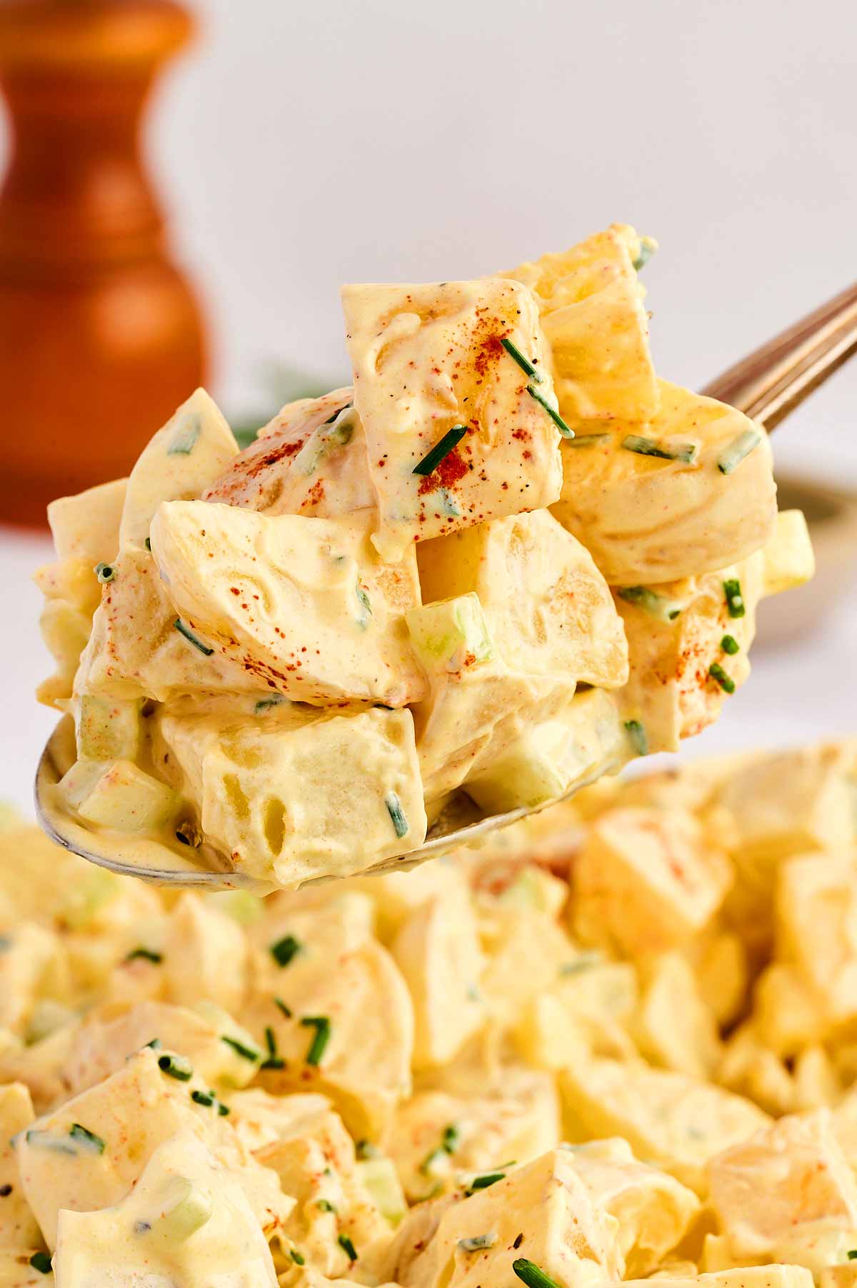 Spoon loaded with creamy potato salad.