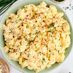 Bowl with creamy potato salad.
