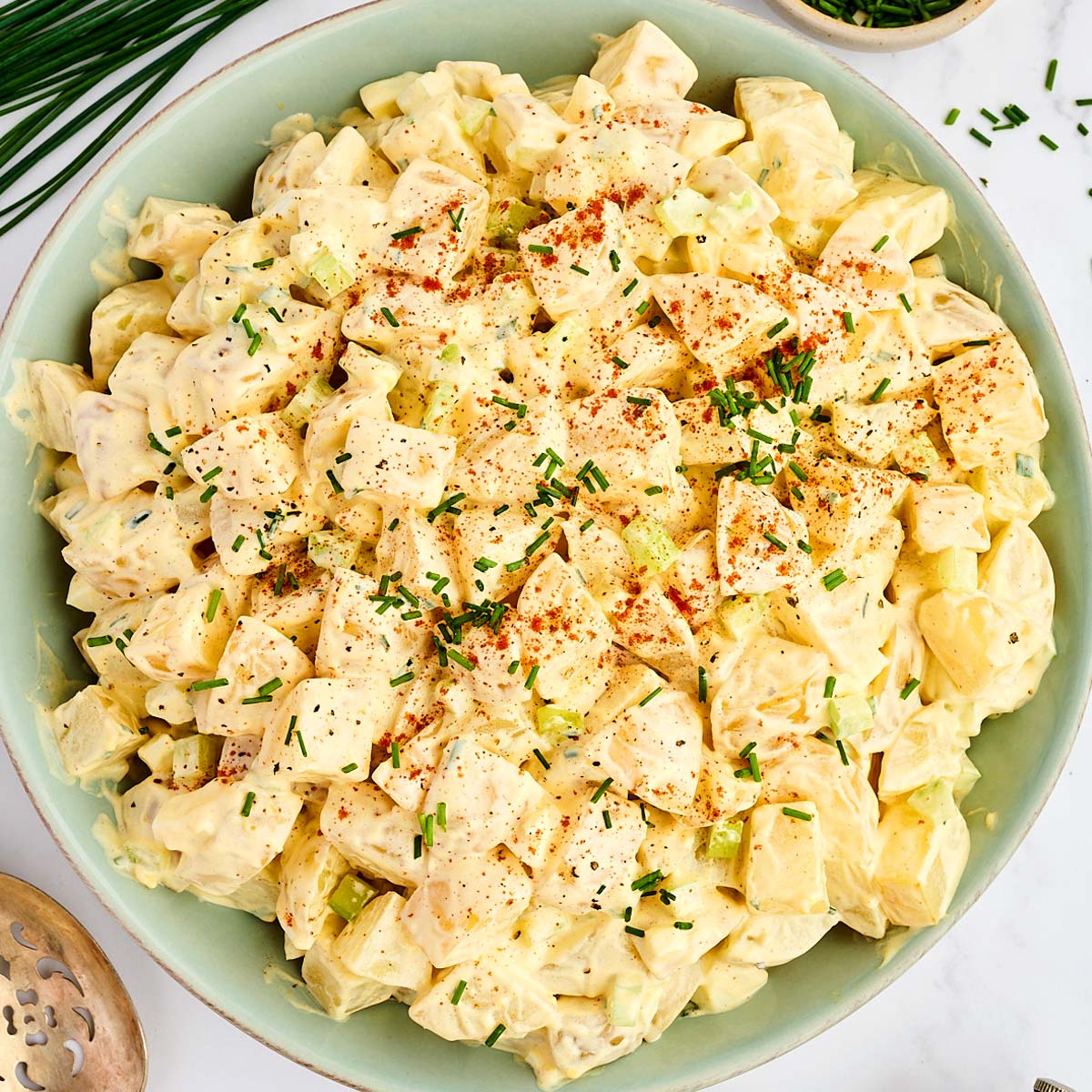 Bowl with creamy potato salad.