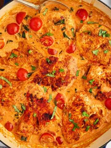 Overhead view of a skillet filled with creamy tomato basil chicken.