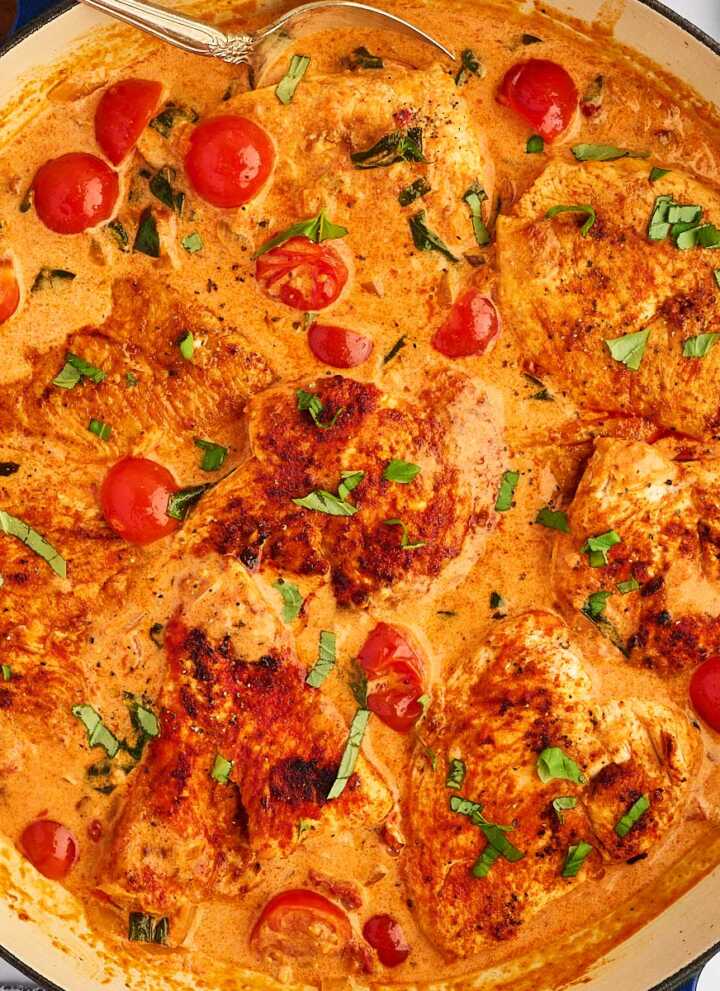 Overhead view of a skillet filled with creamy tomato basil chicken.