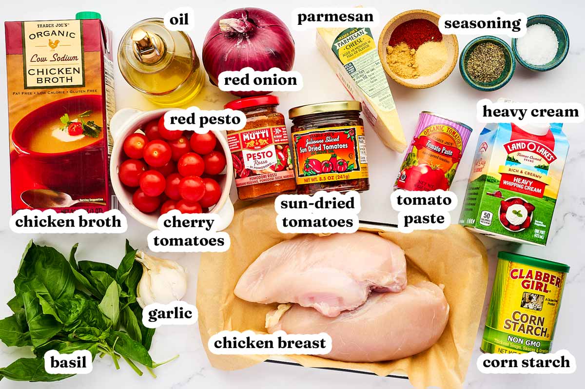 Ingredients to make creamy tomato basil chicken with text labels.