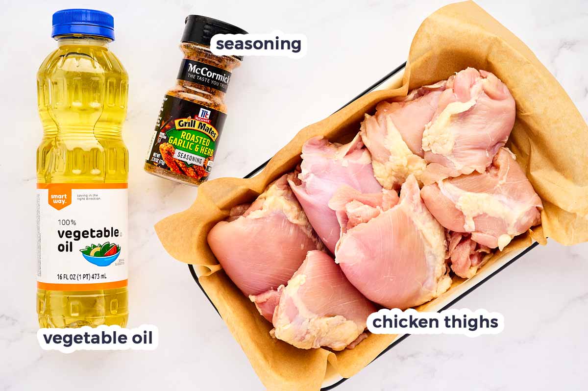 Ingredients to make grilled chicken thighs with text labels.