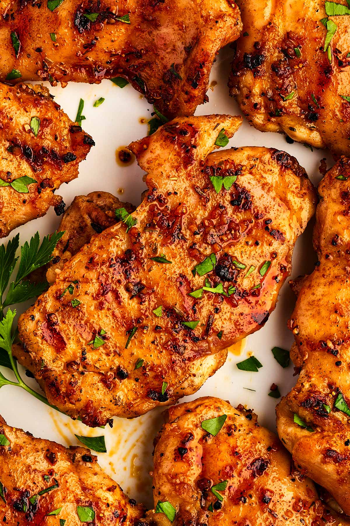 Close up photo of grilled chicken thighs.