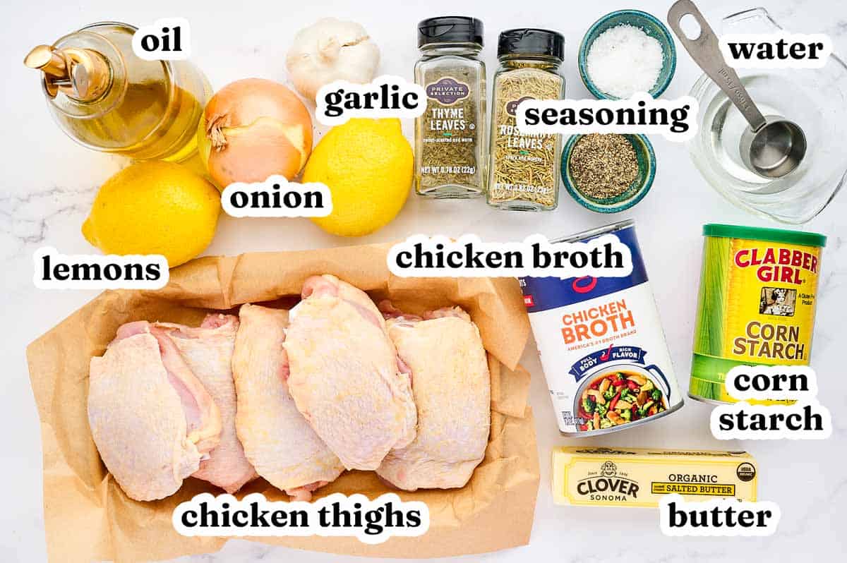 Ingredients to make Instant Pot Lemon Chicken with text labels.